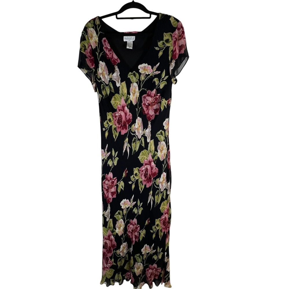 Paradise NY Floral Beaded Sequin Maxi Dress Black Pink V-Neck Vintage Style 16‎